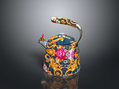 Decorative Kettle With Ornate Handle Floral Patterns Golden Decorations And VSG Logo 3d model