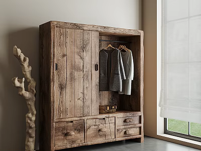Rustic Wooden Wardrobe With Hanging Clothes Drawers Decorative Branch And Window Light 3d model