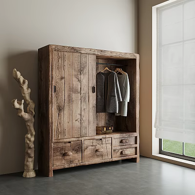 Rustic Wooden Wardrobe With Hanging Clothes Drawers Decorative Branch And Window Light 3d model