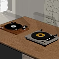 Two Turntables With Clear Dust Covers On Wooden Desk Near Window Blinds And Geometric Wall