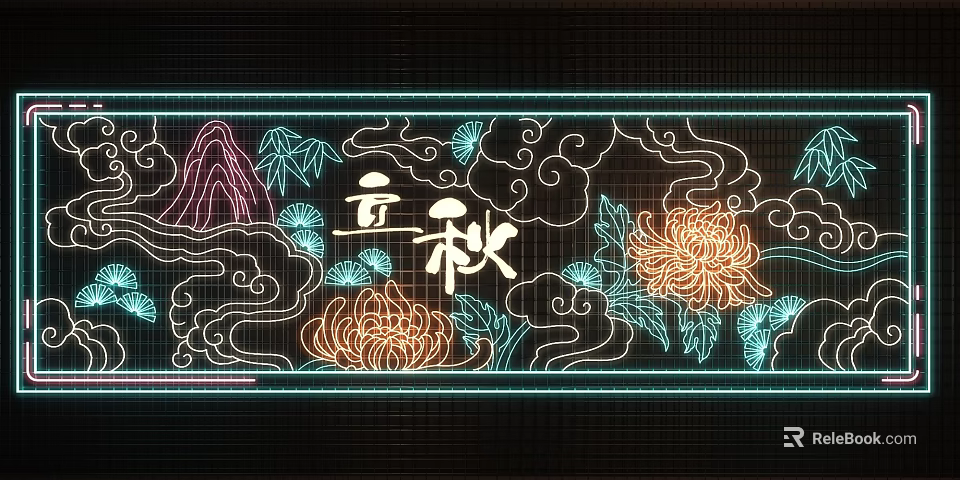 Traditional Chinese Beginning of Autumn Neon Lights Photo Spot with Mountains Chrysanthemums and Cloud Patterns 3d model 