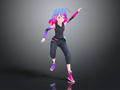Dynamic Female Character with Blue Pink Gradient Hair Wearing Black Sportswear and Colorful Armbands Jumping 3d model