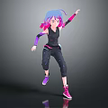 Dynamic Female Character with Blue Pink Gradient Hair Wearing Black Sportswear and Colorful Armbands Jumping