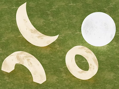 Decorative Outdoor Lights With Crescent Full Moon And Ring Shapes On Green Grass Background 3d model