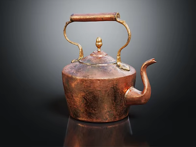 Vintage Copper Teapot With Wooden Handle And Golden Accents For Daily Living 3d model