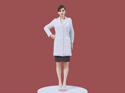 Woman in White Coat and Black Skirt Standing on White Platform with Red Background 3d model