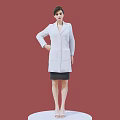 Woman in White Coat and Black Skirt Standing on White Platform with Red Background