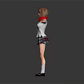 Schoolgirl In Uniform With Red Scarf Standing Arms Outstretched On Gray Background