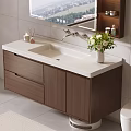 Modern Bathroom Vanity With Wooden Cabinet White Countertop And Flower Vase Mirror