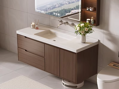 Modern Bathroom Vanity With Wooden Cabinet White Countertop And Flower Vase Mirror 3d model