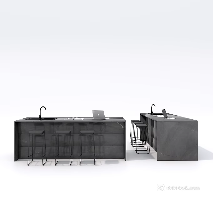 Modern Concrete Bar Counter Interior With Faucet Stools Laptop And Black Surface Design 3d model 