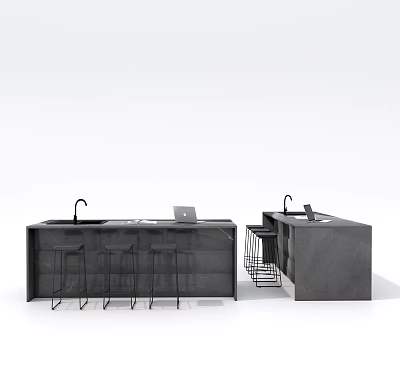 Modern Concrete Bar Counter Interior With Faucet Stools Laptop And Black Surface Design 3d model