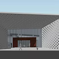 Modern Geometric Building With Perforated Facade Glass Windows And Pedestrians At Entrance