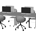 Modern Office Desk Setup with Two Computer Monitors Gray Chairs and White Cabinets