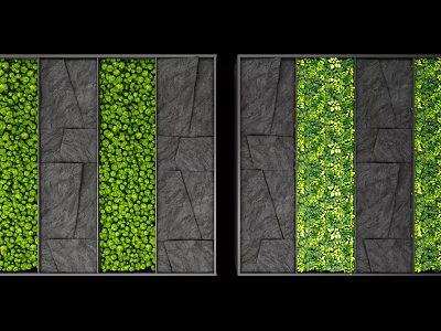 Green Wall Design With Striped Green Plants And Gray Stone Panels 3d model