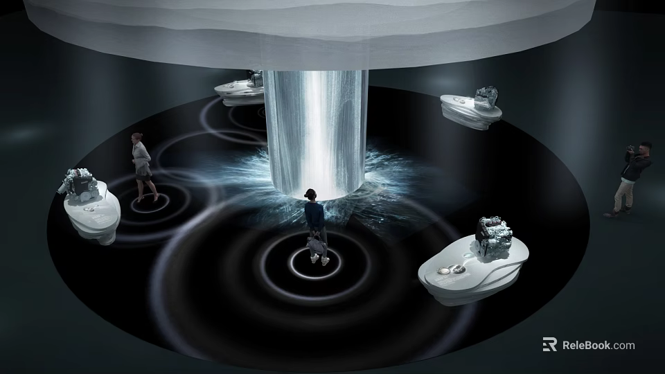 Modern Car Showroom Featuring Central Illuminated Cylinder White Display Podiums Black Floor White Circles People 3d model 