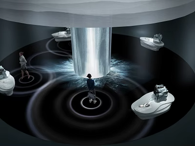 Modern Car Showroom Featuring Central Illuminated Cylinder White Display Podiums Black Floor White Circles People 3d model