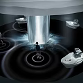 Modern Car Showroom Featuring Central Illuminated Cylinder White Display Podiums Black Floor White Circles People