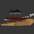 Traditional Asian Pavilion Architecture With Green Roof Red Platform And White Lanterns