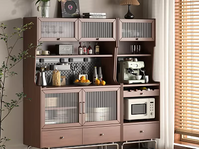 Elegant Wooden Sideboard with Glass Doors Drawers Coffee Machine Microwave and Decorative Items 3d model