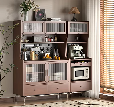 Elegant Wooden Sideboard with Glass Doors Drawers Coffee Machine Microwave and Decorative Items 3d model