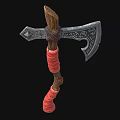 Decorative Medieval Axe With Ornate Metal Head And Red Wrapped Wooden Handle