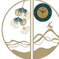 Decorative Circular Wall Clock Featuring Ginkgo Leaves Deer And Mountain Wave Designs 3d model