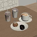 Delicious Latte Coffee Two Iced Drinks And Donuts On Wooden Table