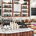 Coffee Bar Interior With Wooden Shelves Bottles Coffee Machine And Dessert