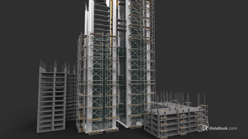 High Rise Office Building Under Construction With Scaffolding And Structural Frames 3d model 
