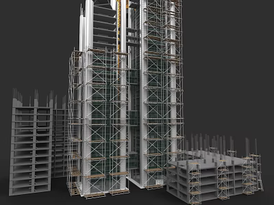 High Rise Office Building Under Construction With Scaffolding And Structural Frames 3d model