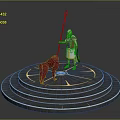 Warrior Figure With Spear Standing By Red Creature On Circular Tiered Platform 3d model