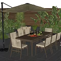 Outdoor Patio Dining Table And Chairs Set With Beige Umbrella And Green Plants