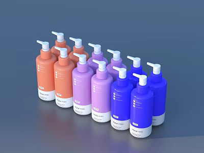 Assorted Colored Pump Bottles in Orange Purple and Blue Arranged in a Row 3d model