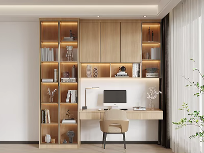 Modern Wooden Bookcase With Open Shelves Built-in Lighting Writing Desk And Decorative Items 3d model