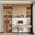 Modern Wooden Bookcase With Open Shelves Built-in Lighting Writing Desk And Decorative Items