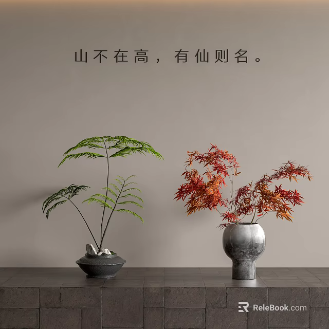 Bonsai Potted Plants Featuring Green Ferns And Red Maple In Black Silver Pots 3d model 