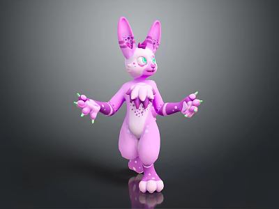 Pink Creature Character with Rabbit Ears Green Eyes Spotted Design and Green Claws 3d model