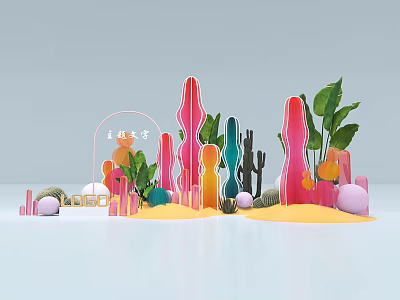 Colorful 3D Typography Design With Decorative Cactus Plants Sand And Stones 3d model