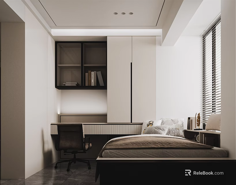 Modern Tatami Bedroom Interior With Desk Chair Built in Bookshelf and Window Blinds 3d model 