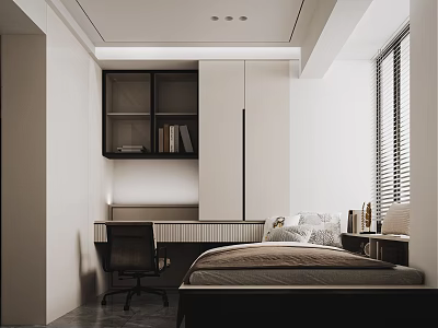 Modern Tatami Bedroom Interior With Desk Chair Built in Bookshelf and Window Blinds 3d model