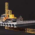 Yellow Heavy Duty Construction Vehicle Transporting Concrete Bridge Slab With Crane Structure At Construction Site