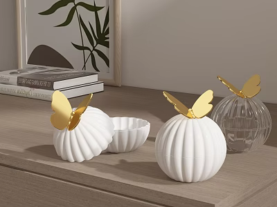 White Ceramic Vessels With Golden Butterfly Decorations On Wooden Tabletop For Modern Home Decor 3d model