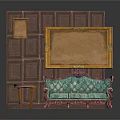 Vintage Green Floral Sofa With Small Round Table Against Dark Paneled Wall and Picture Frames