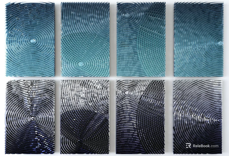 Modern Abstract Wall Decor with Circular Wave Patterns in Blue and Black Tones 3d model 