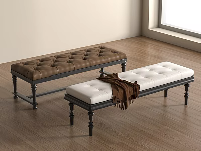 Tufted Brown And White Benches With Brown Blanket On Wooden Floor 3d model