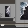 Modern Interior With Ocean Wave Paintings Wooden Console Black Vase Green Plant And Decor