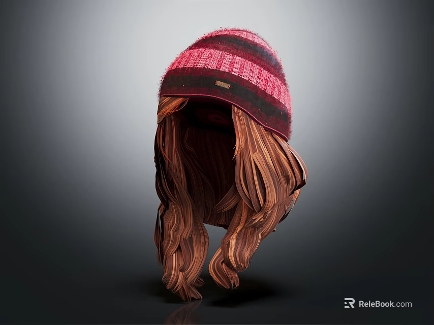 Pink And Black Striped Knitted Hat With Long Brown Curly Hair 3d model 