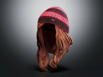 Pink And Black Striped Knitted Hat With Long Brown Curly Hair 3d model