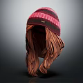 Pink And Black Striped Knitted Hat With Long Brown Curly Hair